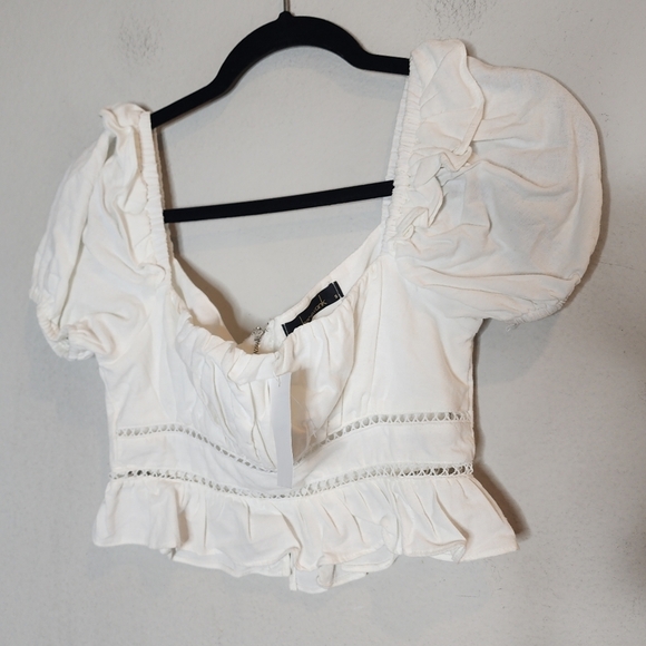 NWT Nordstrom Oober Swank White Crop Ruffle Puff Sleeve Top. size small.  Cotton - Picture 1 of 15